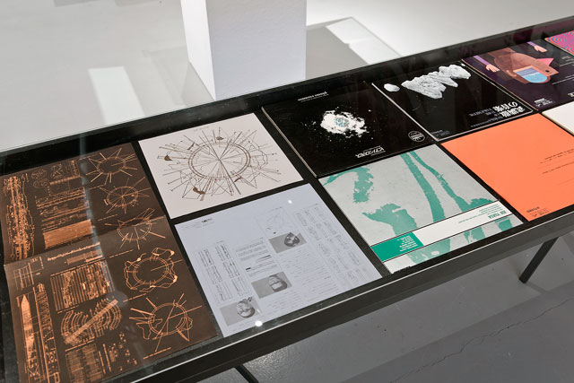 Installation view, showing LP sleeves and musical diagrams by Kohei Suiguira, from Fluorescent Chrysanthemum Remembered, CCA Laznia, Gdansk, Poland. Photo: Paweł Jozwiak.