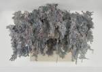 Mark Fox. Deep Grey See, 2007. Oil on prepared paper, linen tape, gold leaf, gilded school desk, linoleum flooring. Courtesy of the artist.