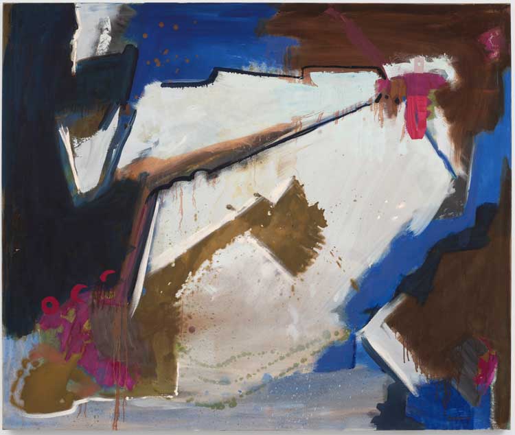 Judith Godwin. Planes, 1991. Oil on canvas with collaged fabric, 132.1 x 157.5 cm (52 x 62 in). Courtesy Pippy Houldsworth Gallery, London, and Berry Campbell, New York. © Judith Godwin Foundation. Photo: Ben Westoby.