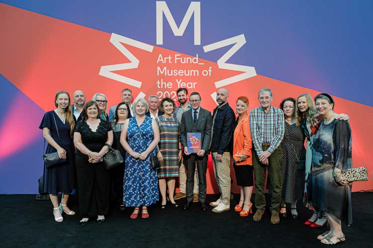 The Burrell Collection team celebrating with the Art Fund Director Jenny Waldman at the Art Fund Museum of the Year 2023 ceremony at the British Museum. Photo: © Hydar Dewachi/Art Fund 2023