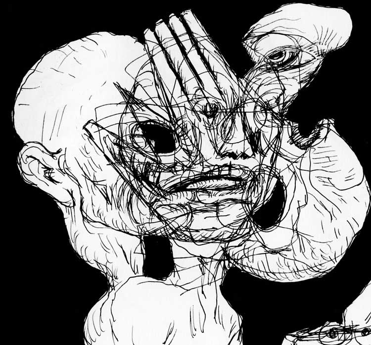George Gittoes, Kiss of Death, 2022. Ink drawing, 14.8 x 21 cm. © the artist.