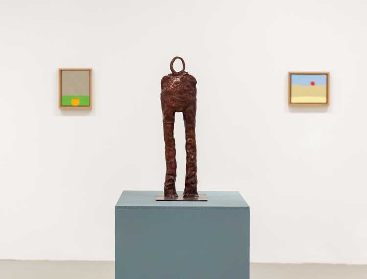 Simone Fattal, Wounded Warrior, between two Etel Adnan works. Installation view. Image courtesy Biennale Gherdëina 8.