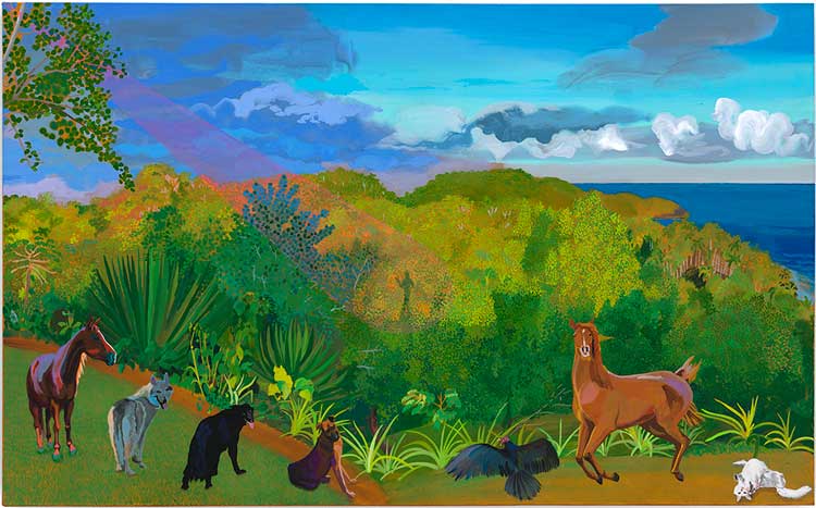 Hulda Guzmán. Everybody loves the sunshine, 2022. Acrylic gouache on linen, 78.1 x 126.4cm (30 3/4 x 49 3/4in). Copyright Hulda Guzmán. Courtesy the artist and Stephen Friedman Gallery, London. Photo: Todd-White Art Photography.