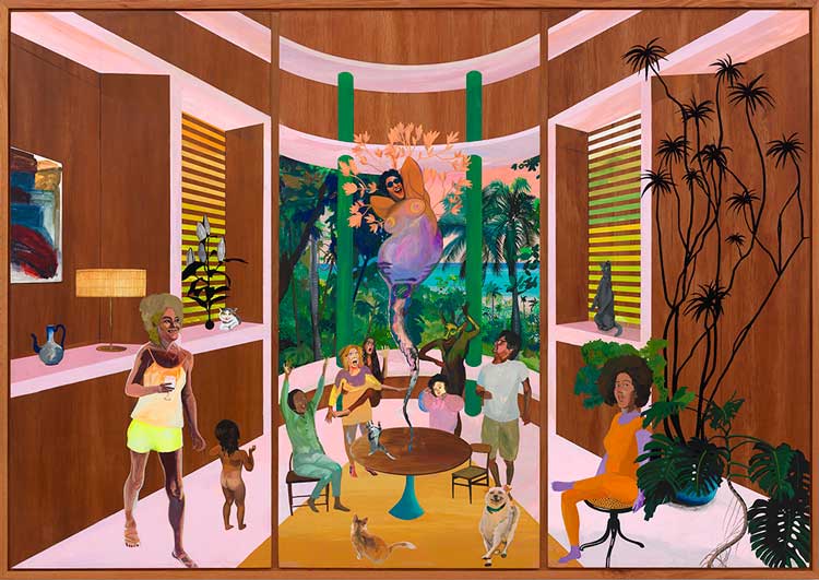 Hulda Guzmán. What you see is what it is, 2022. Watercolour ink and acrylic gouache on cedar plywood, 122 x 171cm (48 x 67 1/4in). Triptych: 121.9 x 57.15cm (48 x 22 1/2in) each. Copyright Hulda Guzmán. Courtesy the artist and Stephen Friedman Gallery, London. Photo: Todd-White Art Photography.