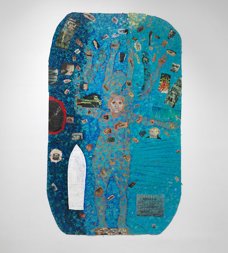 Howardena Pindell, Autobiography: Water (Ancestors / Middle Passage / Family Ghosts), 1988. Installation view, Grief and Grievance: Art and Mourning in America, New Museum, New York, 2021. Photo: Dario Lasagni.