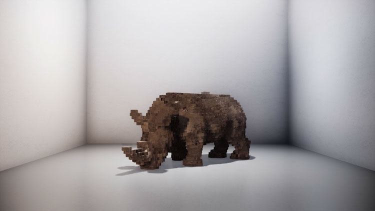 Alexandra Daisy Ginsberg. The Substitute was commissioned by the Cooper Hewitt museum in New York. Using CGI animation, Ginsberg conjures the extinct northern white male rhino back to life on a 5-metre screen, while a second screen reveals the learning process of an AI tool, DeepMind, which replicates the mammalian brain’s ‘grid cell’ navigational patterning. © the artist.