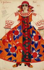Natalia Goncharova. Peasant woman. Costume design for Le Coq d'Or, 1937. Watercolour, bronze paint and graphite on paper, 45.5 x 30 cm. State Tretyakov Gallery, Moscow. Presented by E. Kurnan 1983. © ADAGP, Paris and DACS, London 2019.