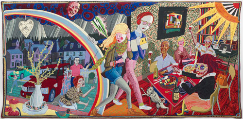 Grayson Perry. Expulsion from Number 8 Eden Close, 2012. Wool, cotton, acrylic, polyester and silk tapestry, 200 x 400 cm (78 3/4 x 157 1/2 in), edition of 6 plus 2 artist