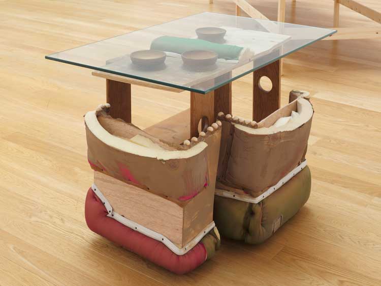 Jessi Reaves, Three Bowl Table, 2019. Installation view, These Mad Hybrids: John Hoyland and Contemporary Sculpture, Royal West of England Academy, Bristol, 2024. Photo: Tim Bowditch.
