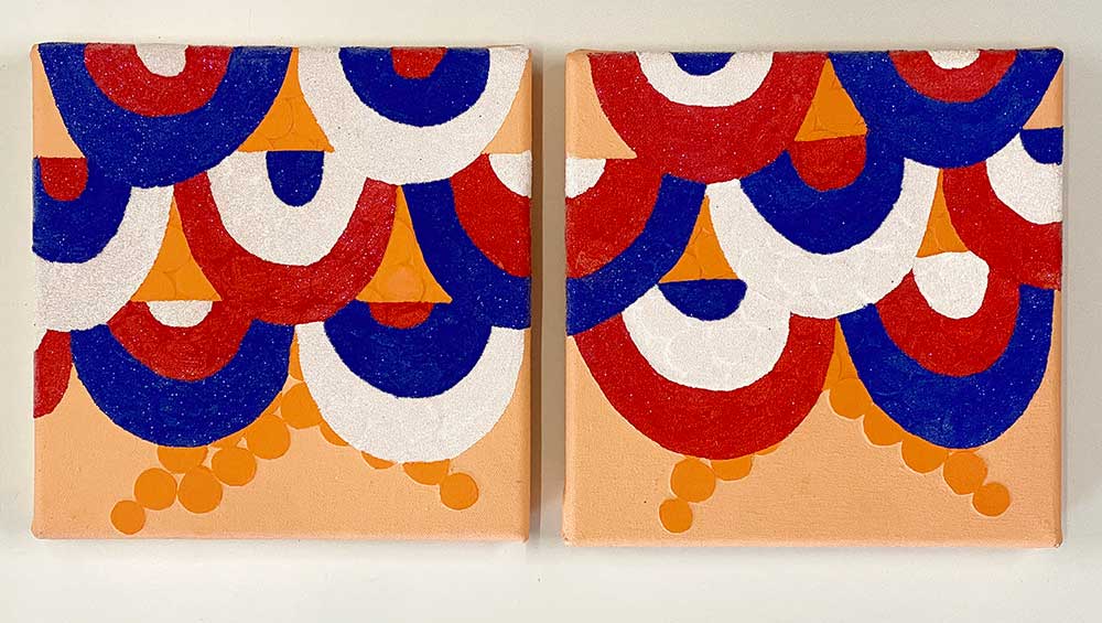 Jo Bruton. Star, 2003. Acrylic and glass beans on canvas, 20 x 41 cm (each panel 20 x 20 cm. Copyright the Artist, Image Courtesy Richard Saltoun Gallery London and Rome, and Matt