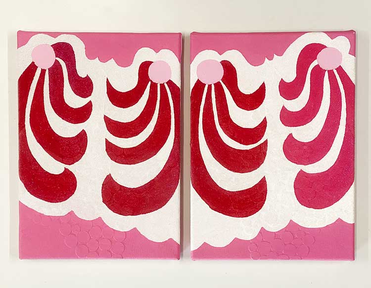 Jo Bruton. Lapdance, 2003. Acrylic and glass beans on canvas, 35.5 x 51 cm (each panel 35.5 x 25 cm). Copyright the Artist, Image Courtesy Richard Saltoun Gallery London and Rome, and Matt