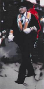 Richard Hamilton, <em>The Orangeman</em>, 1990. Offset lithograph in 5 colours, with hand-applied Humbrol enamel (ed. 105) 85 x 42.5 cm (image); 100 x 70 cm (sheet) &copy; Richard Hamilton