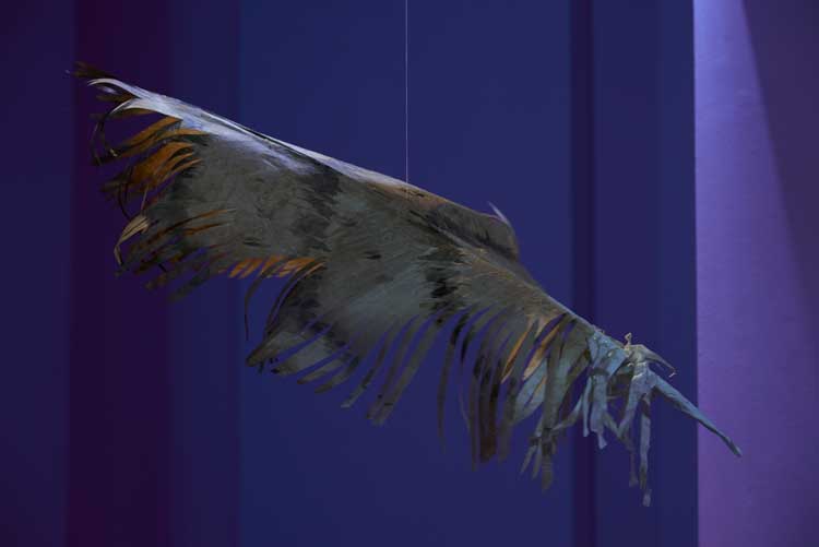 Ingela Ihrman, Feather sculpture. Installation view, Nocturne, Gasworks, London, 2023. Photo: Andy Keate.