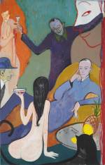 Sanya Kantarovsky. The Master is Released: Behemoth cut himself a slice of pineapple, salted and peppered it, ate it and
chased it down with a second glass of spirit with a flourish that earned a round of applause, 2015. Oil, pastel, watercolour and oilstick on canvas, 180 x 280 cm. Commissioned by Studio Voltaire for How to work together a shared project with Chisenhale Gallery and The Showroom. Courtesy of the artist and Stuart Shave/Modern Art, London. Photograph: Andy Keate.