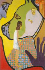 Sanya Kantarovsky. Pontius Pilate: You cannot even think and you can only long for your dog, who is clearly the only
creature for whom you have any affection. But the pain will stop soon and your headache will go, 2015. Oil, pastel, watercolour and oilstick on canvas, 180 x 280 cm. Commissioned by Studio Voltaire for How to work together a shared project with Chisenhale Gallery and The Showroom. Courtesy of the artist and Tanya Leighton Gallery, Berlin. Photograph: Andy Keate.