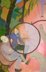 Sanya Kantarovsky. Never Talk to Strangers: At the very moment when Mikhail Alexandrovich was telling the poet how
the Aztecs used to model figurines of Vitzli-Putzli out of dough - the first man appeared in the avenue, 2015. Oil, pastel, watercolour and oilstick on canvas, 180 x 280 cm. Commissioned by Studio Voltaire for How to work together a shared project with Chisenhale Gallery and The Showroom. Courtesy of the artist and Tanya Leighton Gallery, Berlin. Photograph: Andy Keate