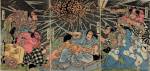 Utagawa Kuniyoshi, <em>Minamoto no Raiko and His Retainers Battle with the Earth Spider</em>, early 1820&rsquo;s.&nbsp; Colour woodblock print, Right: 14 1/2 x 10 1/8 in., Centre:14 1/2 x 10 1/8 in., Left:14 1/2 x 10 1/8 in. American Friends of The British Museum (The Arthur R. Miller Collection) 20904. Photo &copy; Trustees of The British Museum.