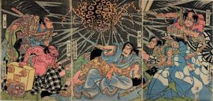 Utagawa Kuniyoshi, <em>Minamoto no Raiko and His Retainers Battle with the Earth Spider</em>, early 1820&rsquo;s.&nbsp; Colour woodblock print, Right: 14 1/2 x 10 1/8 in., Centre:14 1/2 x 10 1/8 in., Left:14 1/2 x 10 1/8 in. American Friends of The British Museum (The Arthur R. Miller Collection) 20904. Photo &copy; Trustees of The British Museum.