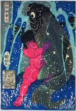 Utagawa Kuniyoshi, <em>Sakata Kaidomaru Wrestles with a Giant Carp</em>, <em>c</em>. 1837. Colour woodblock print, 15 x 10 1/4 in. American Friends of The British Museum (The Arthur R. Miller Collection) 21215. Photo &copy; Trustees of The British Museum.