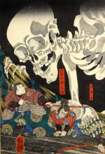 Utagawa Kuniyoshi, <em>Mitsukuni Defies a Skeleton Spectre</em>, 1845&ndash;46. Colour woodblock print, 14 5/6 x 29 7/8 in. The British Museum, JA 1915.8-23.0915, 0916. Photo &copy; Trustees of The British Museum.