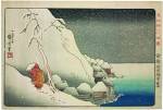Utagawa Kuniyoshi, <em>Monk Nichiren in the Snow at Tsukahara</em>, <em>c</em>. 1835. Colour woodblock print, 9 7/8 x 14 5/8 in.<strong> </strong>American Friends of The British Museum (The Arthur R. Miller Collection) 12110. Photo &copy; Trustees of The British Museum.