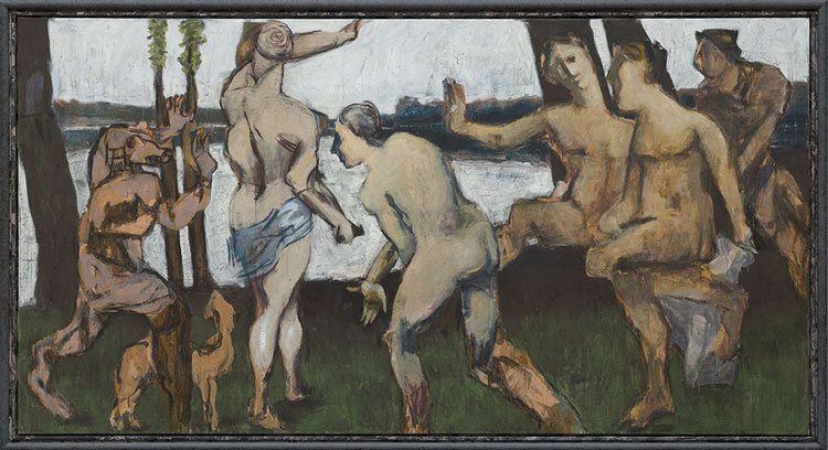 Markus Lüpertz. Aktaion (Actaeon), 2020. Mixed media on canvas in artist’s frame, 74 3/4 x 141 3/4 in (190 x 360 cm). Courtesy Michael Werner Gallery, New York and London.