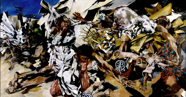 Peter de Francia, The Bombing of Sakiet, 1959. Oil on canvas, 190 x 365 cm. © Estate of Peter de Francia, courtesy James Hyman Gallery, London.