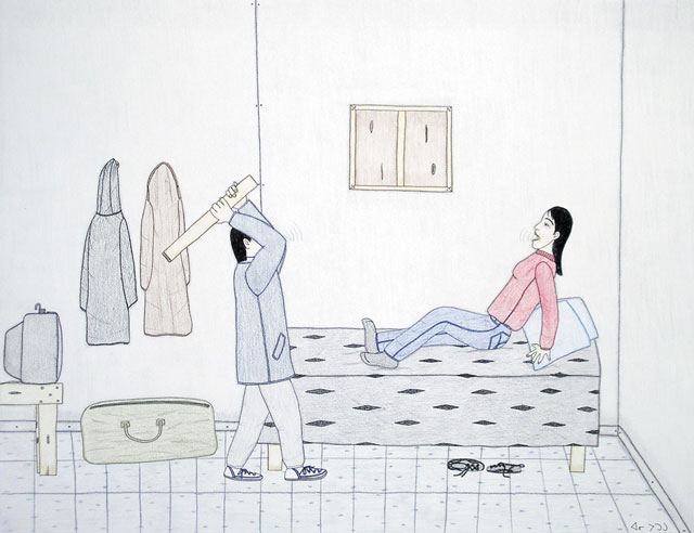 Annie Pootoogook, Man Abusing His Partner, 2002. Collection of John and Joyce Price. Image courtesy Feheley Fine Arts.