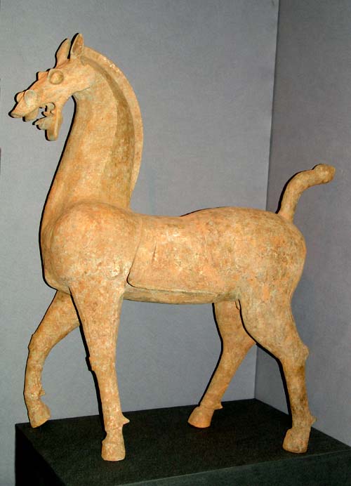 Large unglazed terracotta painted figure of a walking horse. Eastern Han Dynasty (25–220 A.D.). Sichuan Province H. 43 1/4" (110 cm). A&J Speelman Ltd., London. Photo by Miguel Angel