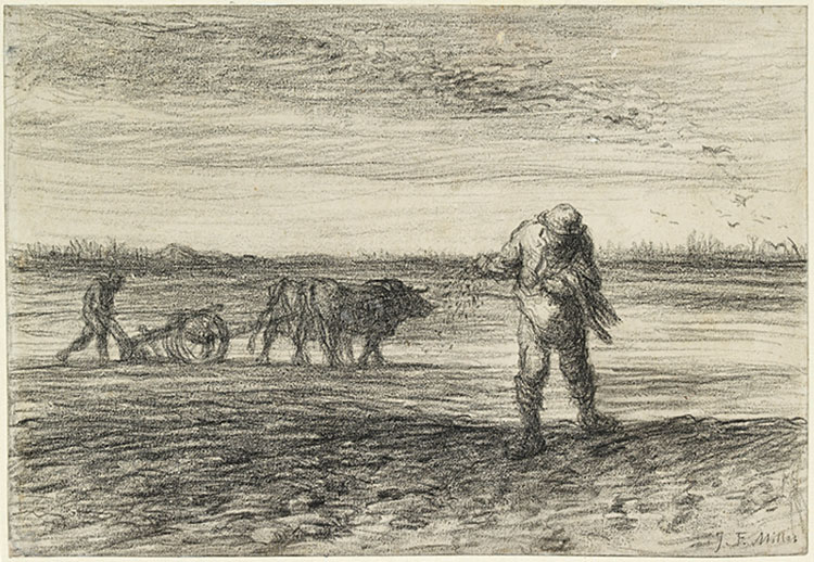 Jean-François Millet, A Man Ploughing and Another Sowing, 1849-52. Black crayon on paper, 14.5 x 21.2 cm. The Ashmolean Museum, University of Oxford. Bequeathed by Percy Moore Turner, 1951. © Ashmolean Museum, University of Oxford.