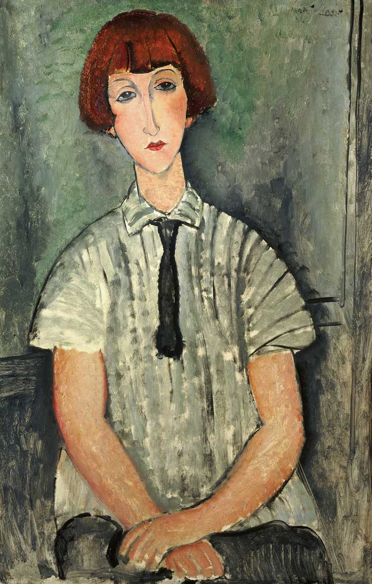 Amedeo Modigliani, Young Girl in a Striped Shirt, 1917. Oil on canvas, 92 x 60 cm. Nahmad Collection. © Christie‘s Images / Bridgeman Images.