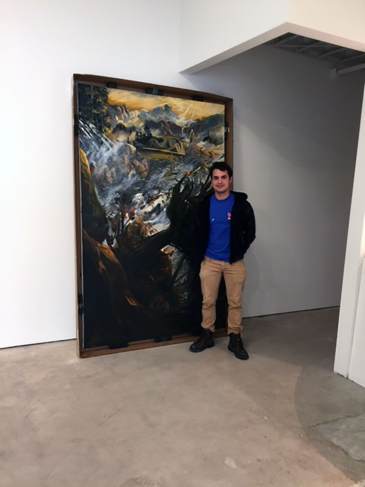 Ernesto Gutiérrez Moya in front of Sinister Calm, 2021, Emerson Dorsch Gallery. Photo: Jill Spalding.