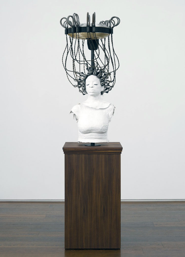 Karon Davis. Hair Peace. Plaster, plaster gauze, walnut wood, steel, glass eyes, synthetic hair, antique waving machine, metal rollers. Photo: Jill Spalding.