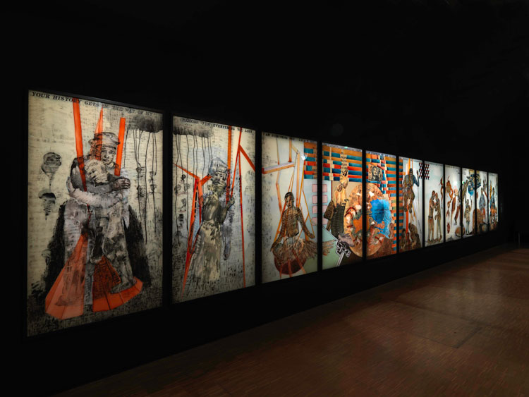 Nalini Malani, All We Imagine as Light, 2017. Eleven panel reverse painting on acrylic sheet, 183 x 1100 cm. Installation view: Nalini Malani: The Rebellion of the Dead-Part I, Centre Pompidou, Paris, 2017. Collection: Burger Collection, Hong Kong. Photo: Ranabir Das. © Nalini Malani.