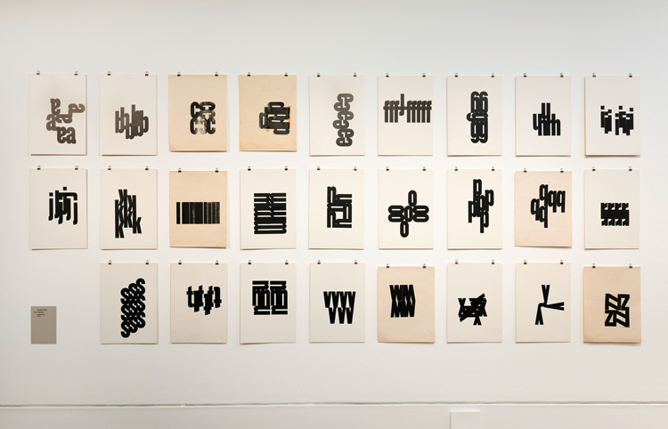 Alphabet, 1962. Wood type. Installation view, Hansjörg Mayer: Typoems and Artists’ Books, Kunstbibliothek, Berlin, 25 October 2019 – 12 January 2020. Photo: © Kunstbibliothek, Staatliche Museen zu Berlin / Dietmar Katz.