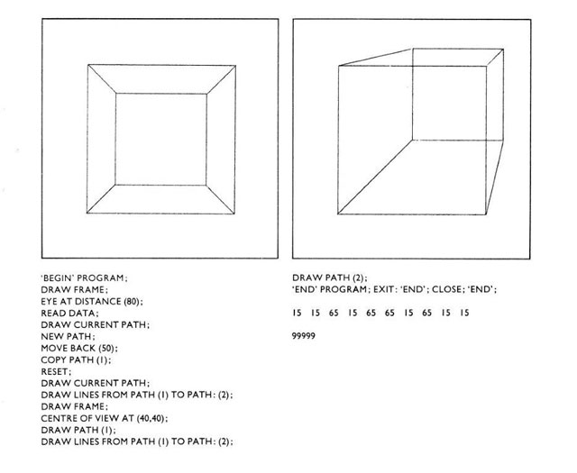 Example of NEW PICTURES computer graphics language for artists at Lanchester Polytechnic, Coventry School of Art by R Johnson, 1979.