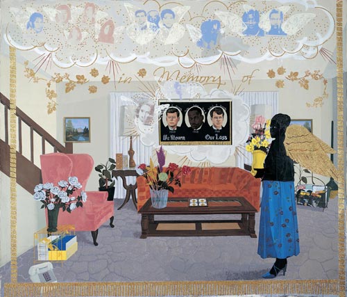 Kerry James Marshall. <em>Souvenir II</em>, 1997. Acrylic, collage and glitter on unstretched canvas banner. Purchased as the gift of the Addison Advisory Council in honor of John (