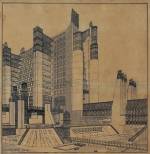 Antonio Sant'Elia (1888-1916). The citt&agrave; nuova apartment building with external elevators, gallery, covered passageway, on three street levels (tramways line, automobile lanes, pedestrian walkway), lamps and wireless telegraph, 1914 &copy; Musei Civici Como- Palazzo Volpi.