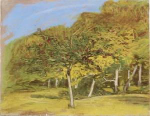Claude Monet. <em>Fruit Trees,</em> c. 1865-1875. Pastel on paper, 22.5&nbsp; x 29.2 cm. Private collection, courtesy of Galerie Jan Krugier, Ditesheim & Cie, Geneva