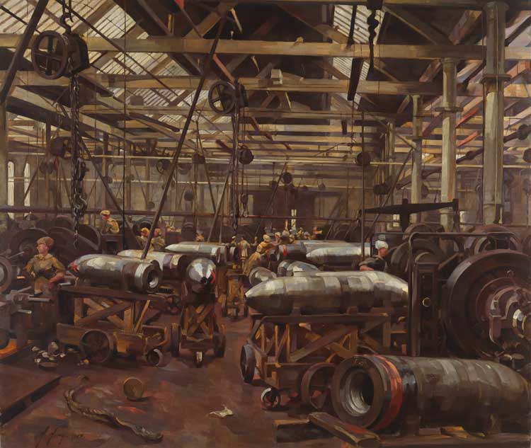 Anna Airy, Shop for Machining 15-inch Shells: Singer Manufacturing Company, Clydebank, Glasgow, 1918. © Imperial War Museum.