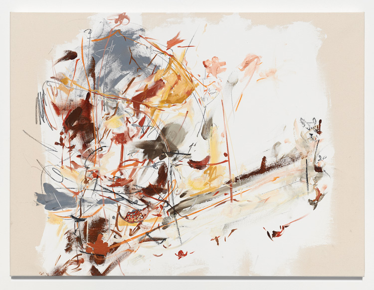 Carmen Neely. Breathe your own mask first, 2019. Oil on canvas, graphite, embroidery, 30 x 40 in (76.2 x 101.6 cm). Courtesy of the artist and Jane Lombard Gallery.