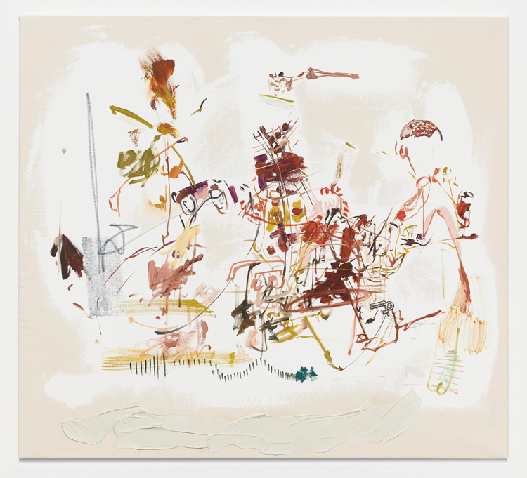 Carmen Neely. On the right track but on the wrong train, 2019. Oil on canvas, graphite, enamel pin, 36 x 40 in (91.44 x 101.6 cm). Courtesy of the artist and Jane Lombard Gallery.