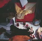 H&eacute;lio Oiticica with <em>B&oacute;lides</em> and <em>Parangol&eacute;s</em> at his atelier at Engenheiro Alfredo Duarte Street, Rio de Janeiro, c.1965 AHO/ PHO, RJ. (c) Projeto H&eacute;lio Oiticica