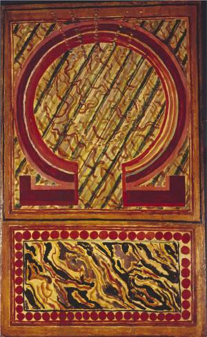 Omega Workshops (Duncan Grant). 
        <em>Signboard</em>, 1915. 
Oil on wood with metal studs, 
104.1 x 63.2 cm. The Victoria and Albert Museum, London.