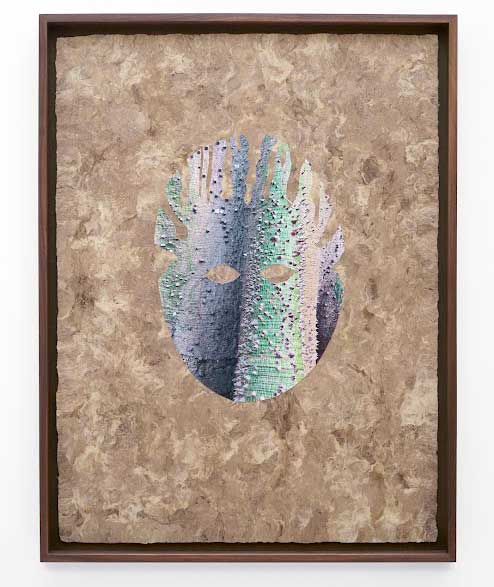Lucia Pizzani, Ceiba Deity, 2024. Photographic collage on Amate paper. Photo: Andy Keate, courtesy of Cecilia Brunson Projects.