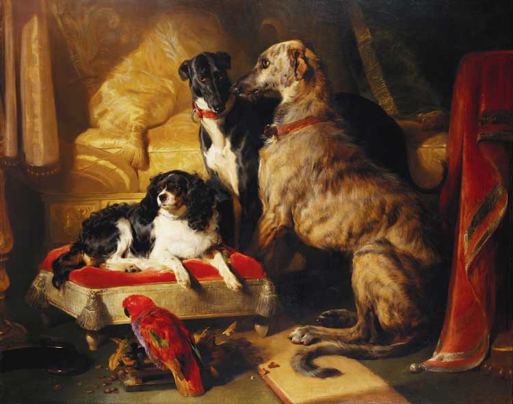 Edwin Landseer, Hector, Nero and Dash with the Parrot Lory, 1838. Royal Collection Trust / © His Majesty King Charles III 2023.
