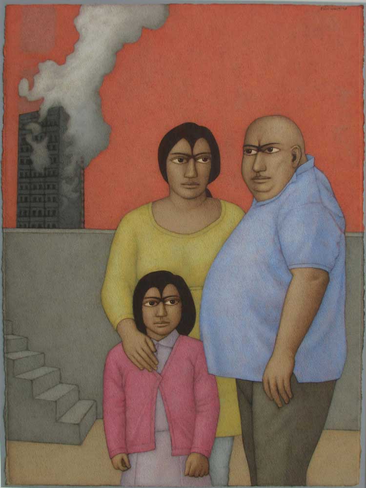 Shanti Panchal. Grenfell Pyre and the Rescued Family, 2017. Watercolour on paper, 102 x 82 cm. Image courtesy the Artist.