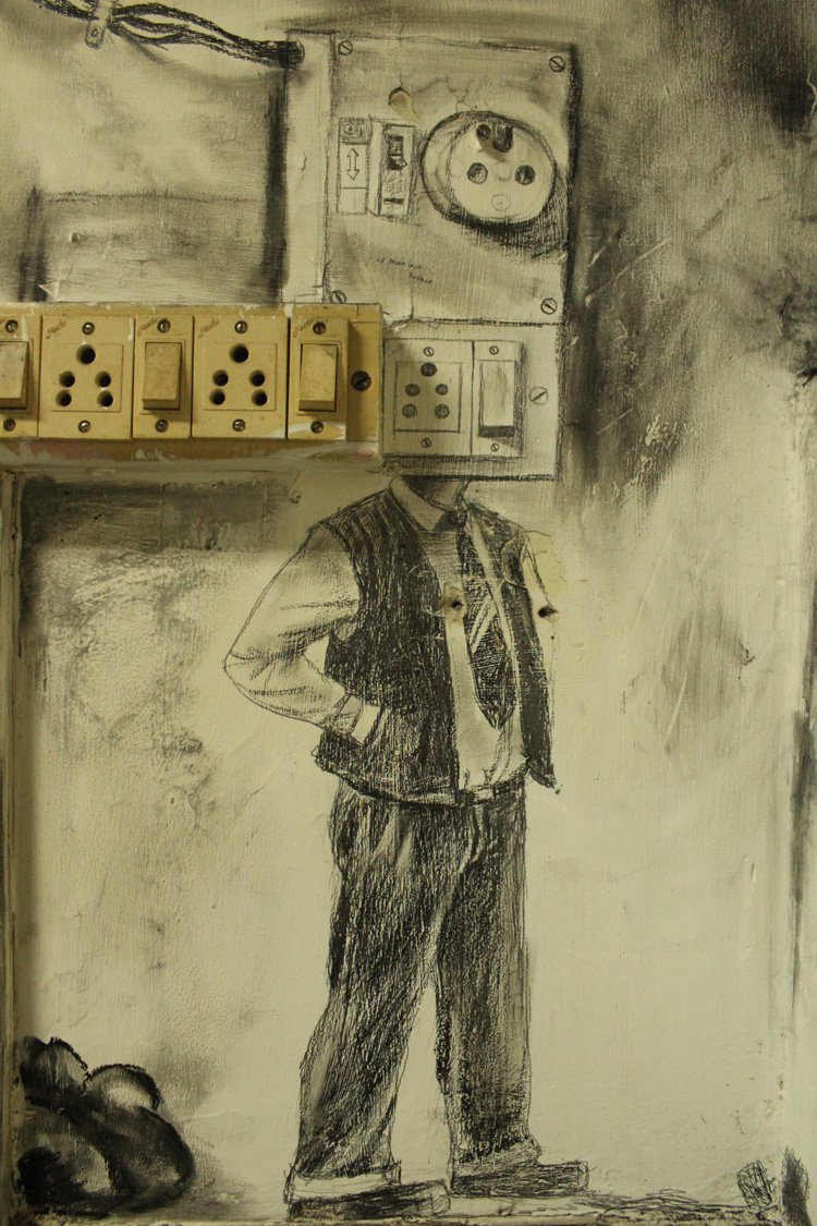 Prabhakar Pachpute. Canary in a Coalmine, 2012. Charcoal on wall. Clark House Initiative, Mumbai. Courtesy Clark House Initiative, Shunya collective. Photo: the artist.