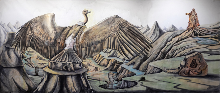 Prabhakar Pachpute. The relic of our time, 2020. Watercolour and acrylic paint on canvas, 84 x 192 in. Beneath the Palpable solo exhibition at Experimenter Ballygunge place, Kolkata. Photo: Experimenter, Kolkata.
