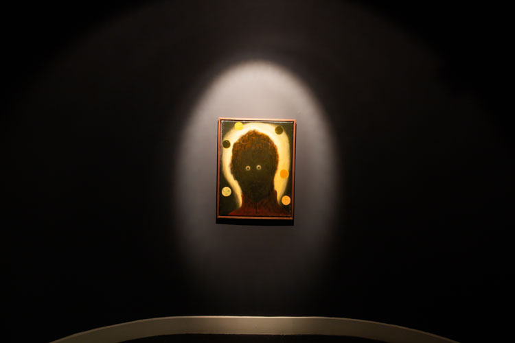 Kevin Mooney, Trickster, 2017. Oil and varnish on jute. Installation view, Pine